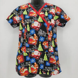 Holiday Print Women's Scrub Top - Black and Red